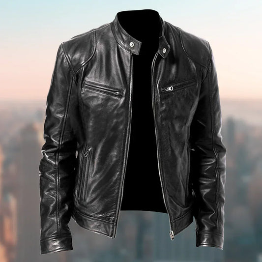 Schwarze Lederjacke für Herren, stilvoll und modern, mit Reißverschlusstaschen, ideal für urbane Mode und Freizeitkleidung.