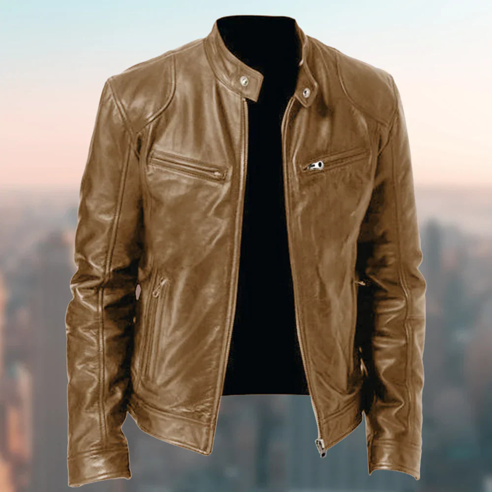Braune Lederjacke für Herren, stilvoll und modern, mit Reißverschlusstaschen, ideal für urbane Mode und Freizeitkleidung.