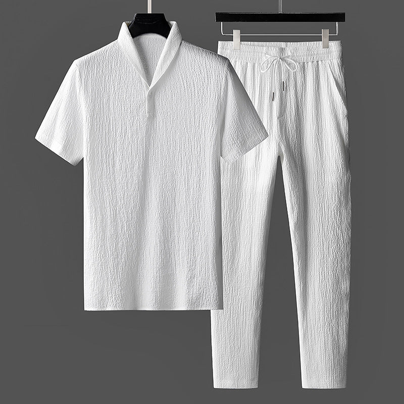 Herren Sommer-Loungewear-Set Kurzarm-Oberteil Mit Schalkragen Und Lockerer Hose