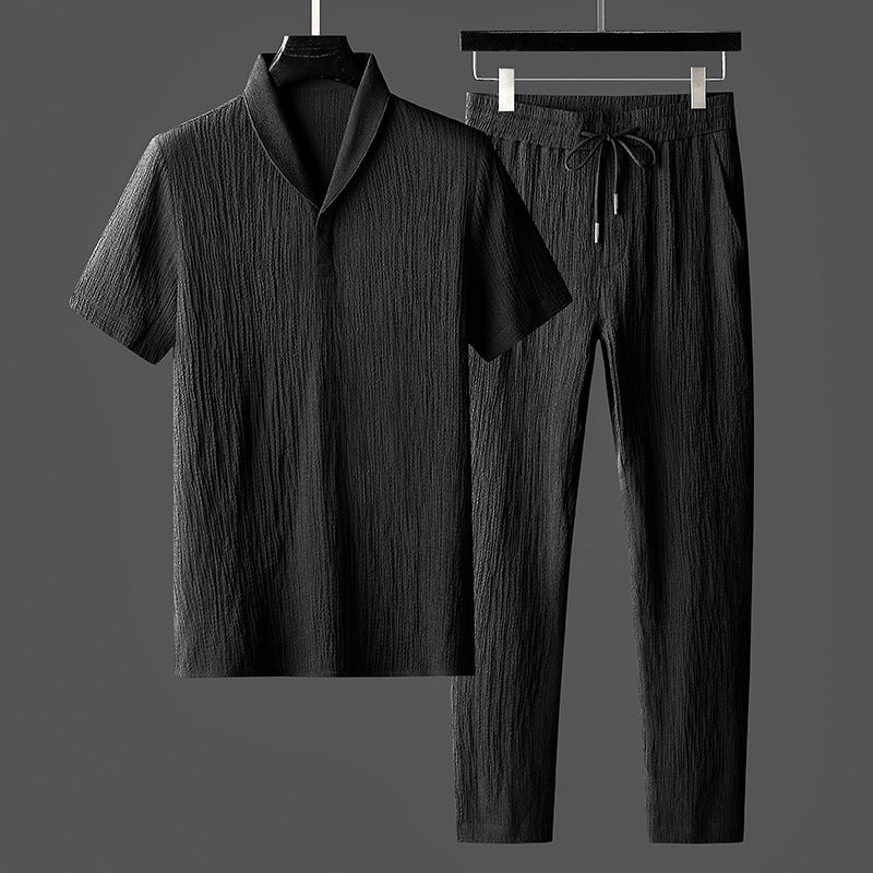 Herren Sommer-Loungewear-Set Kurzarm-Oberteil Mit Schalkragen Und Lockerer Hose