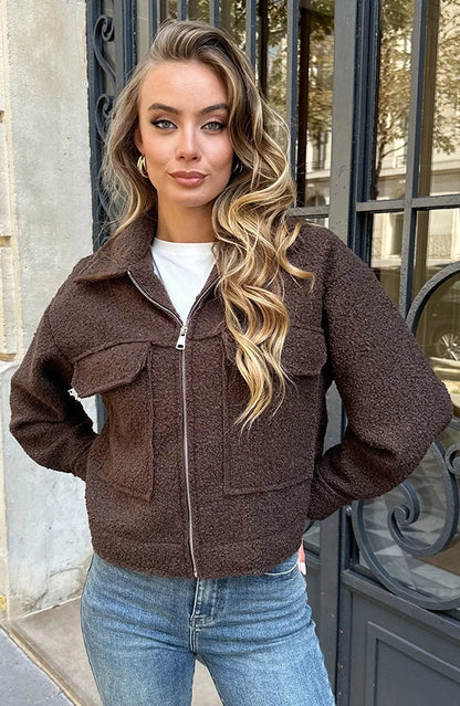 Damen Herbst Teddy Bomberjacke Mit Reißverschluss