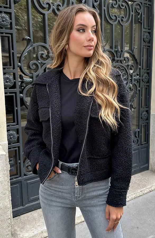 Damen Herbst Teddy Bomberjacke Mit Reißverschluss