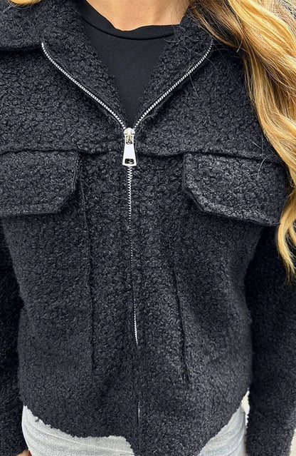 Damen Herbst Teddy Bomberjacke Mit Reißverschluss