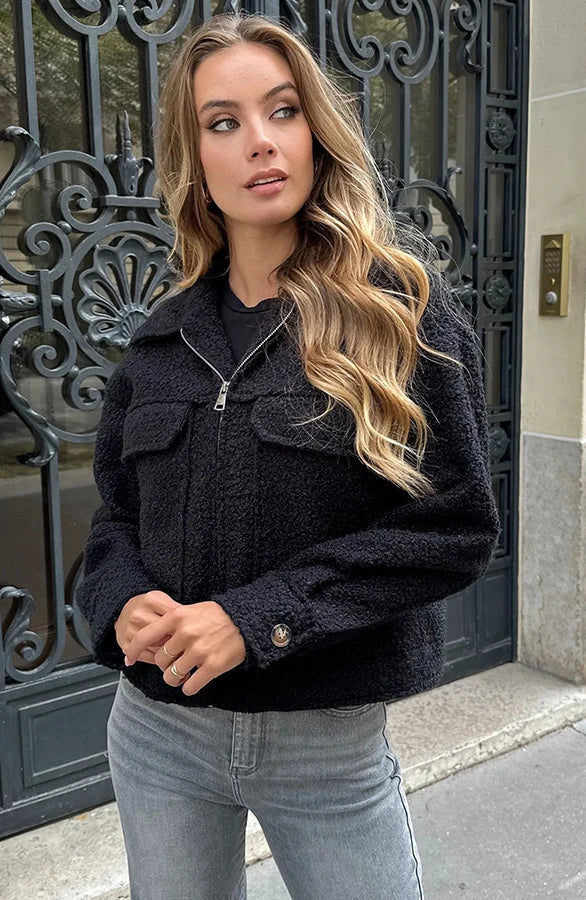 Damen Herbst Teddy Bomberjacke Mit Reißverschluss