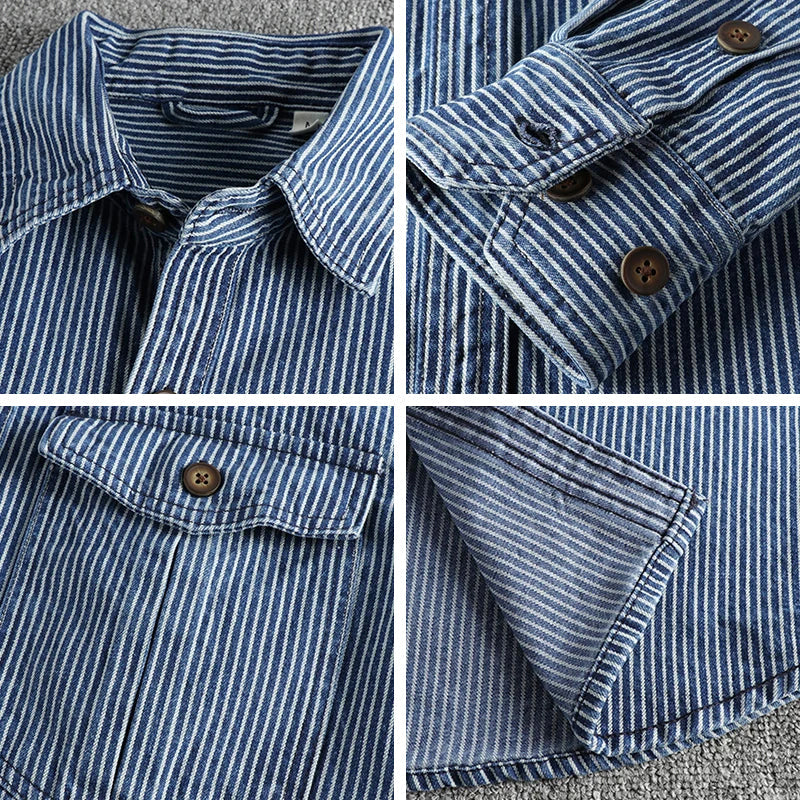 Gestreiftes Jeanshemd aus Baumwolle, Nahaufnahme. Detailansicht von Kragen, Knopfleiste, Manschetten und Saum. Modetrend, Herrenbekleidung.