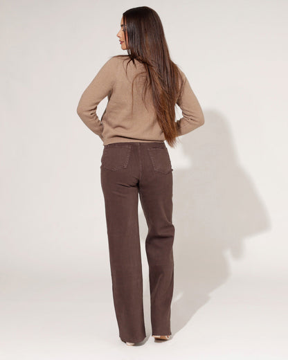 Women's Wide-Leg Jeans with High Waist, Raw Hem, and Dark Brown Look