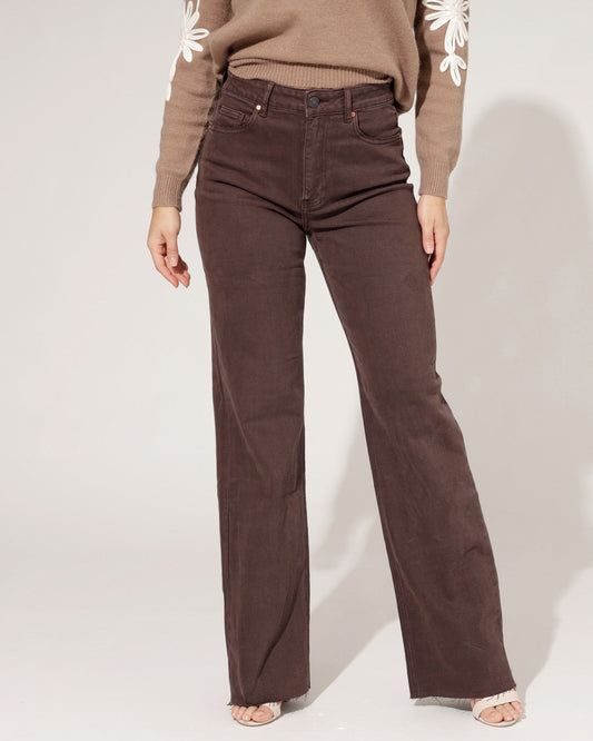Women's Wide-Leg Jeans with High Waist, Raw Hem, and Dark Brown Look