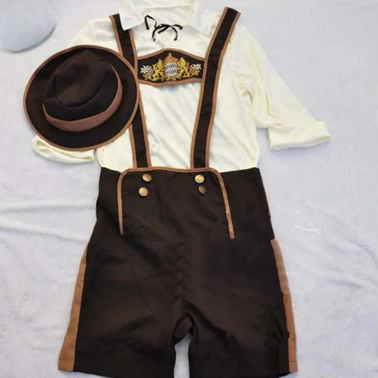 Traditionelle bayerische Tracht für Kinder: Lederhose mit Hosenträgern, besticktes Hemd und passender Hut. Perfekt für Oktoberfest und Volksfeste.