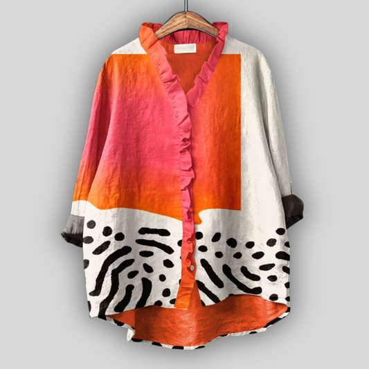 Damenbluse Mit Abstraktem Print, Rüschenfront Und Asymmetrischem Saum