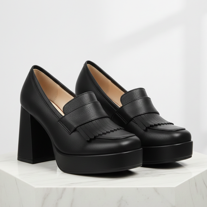 Women's platform shoes in loafer style slip-ons with block heel and front platform