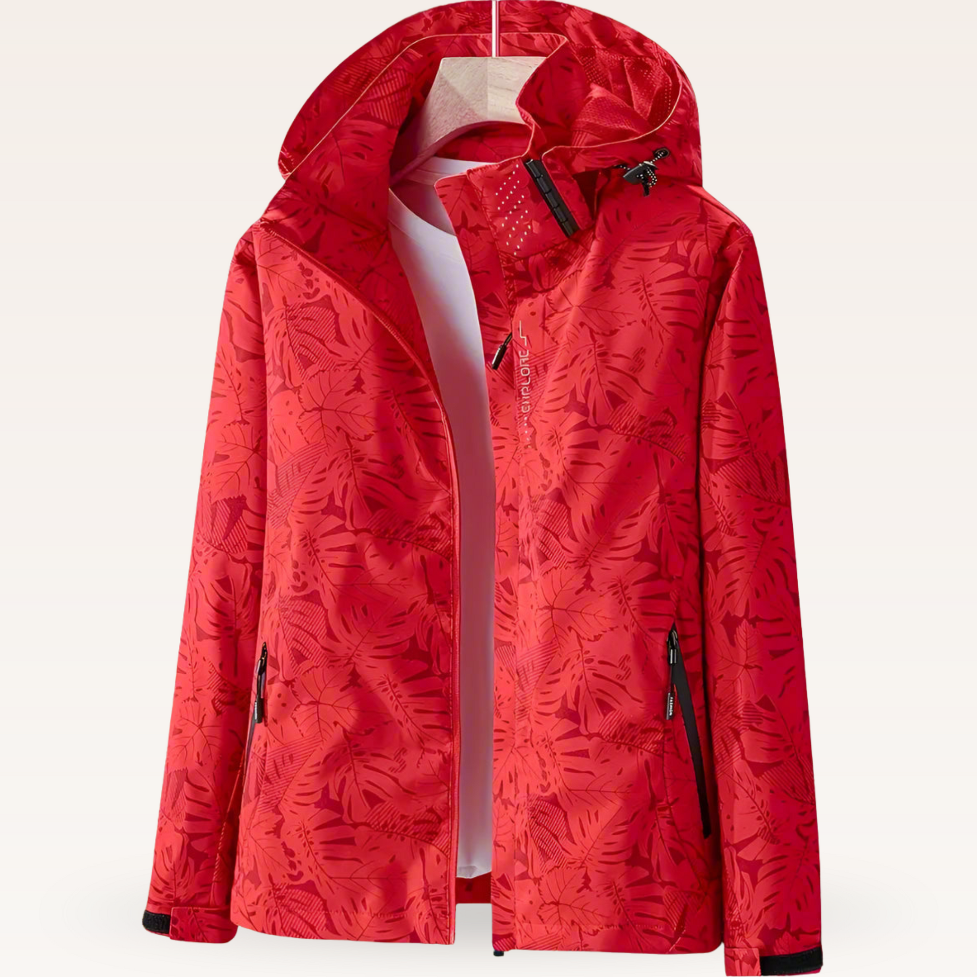 Rote Damen-Windjacke mit Kapuze, floralem Muster und Reißverschlusstaschen. Perfekt für Outdoor-Aktivitäten und modische Herbstkleidung.