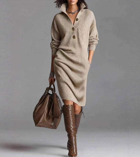 Damen Winter Strickkleid mit Knopfkragen, Langarm und Seitentaschen