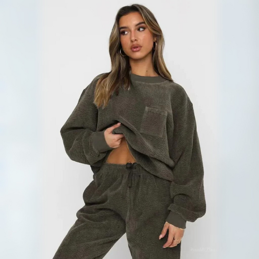 Damen-Corduroy-Sweatset mit Sweatshirt in lockerer Passform und Jogginghosen mit Bündchen