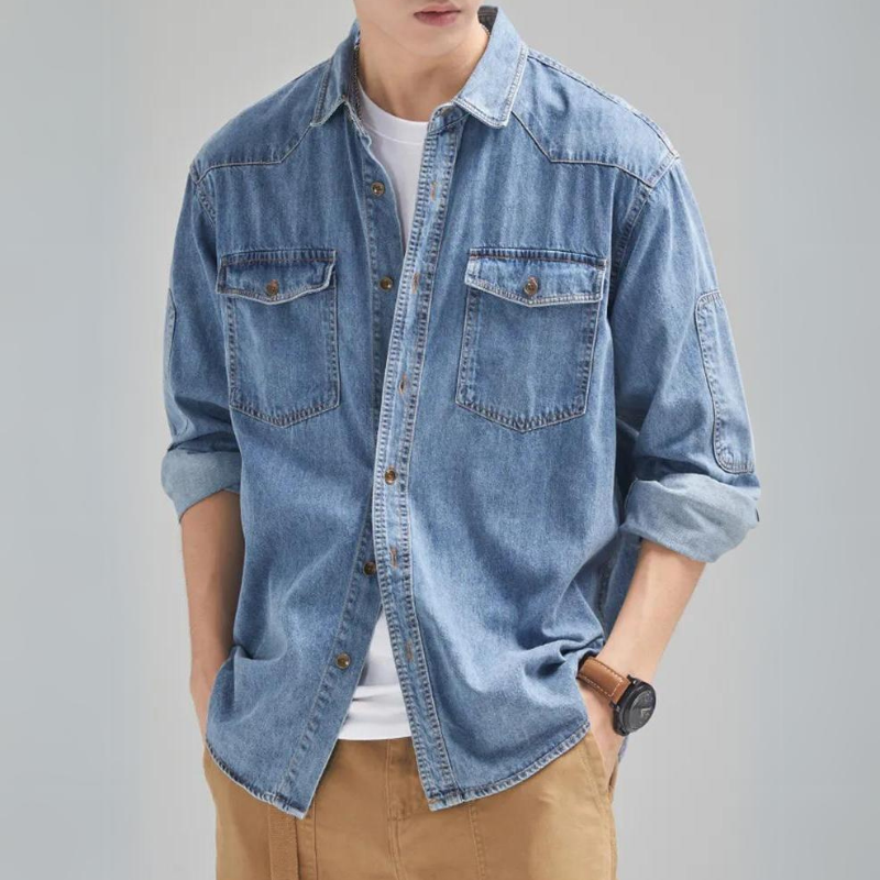 Herren Jeanshemd Knopfleiste Doppelte Taschen