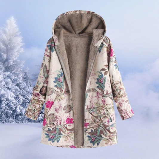 Floraler Wintermantel mit Kapuze und Fleece-Futter, ideal für kalte Tage. Stilvolles Design mit Blumenmuster, perfekt für modische Winteroutfits.