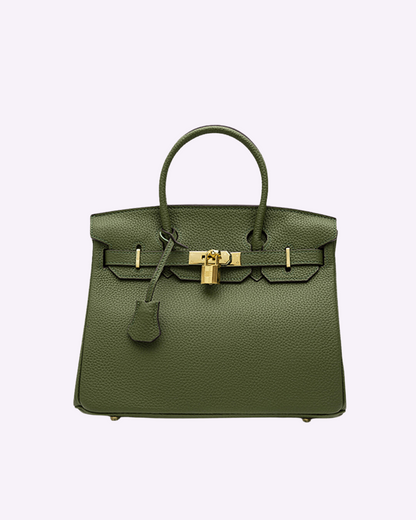 Grüne Lederhandtasche mit goldener Schnalle, luxuriöses Design, modisches Accessoire, Damenmode, hochwertige Verarbeitung, eleganter Stil.