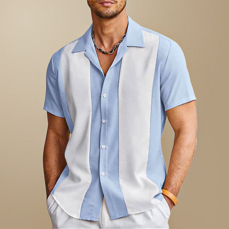 Men's shirt with button placket, vertical color-block stripes, and short sleeves