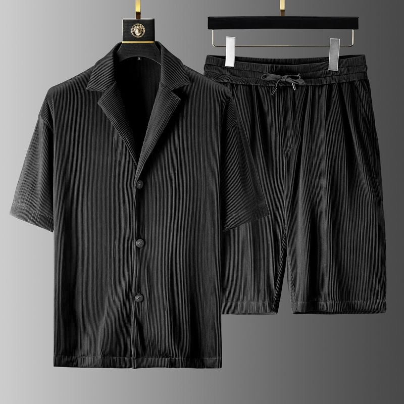 Men's Summer Set Short-Sleeve Shirt with Button Placket and Loose Shorts