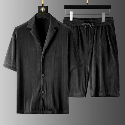 Men's Summer Set Short-Sleeve Shirt with Button Placket and Loose Shorts