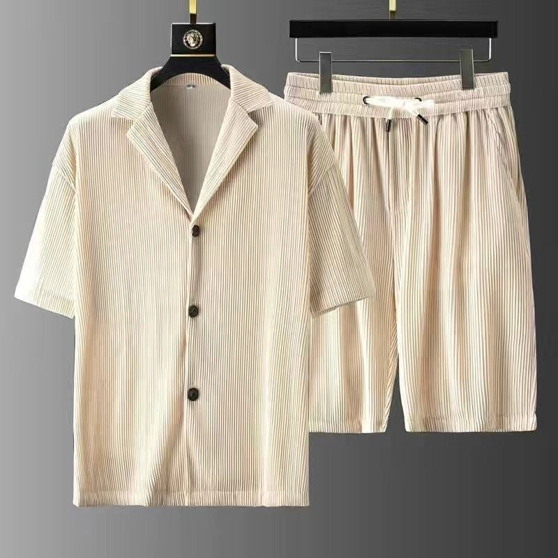 Men's Summer Set Short-Sleeve Shirt with Button Placket and Loose Shorts