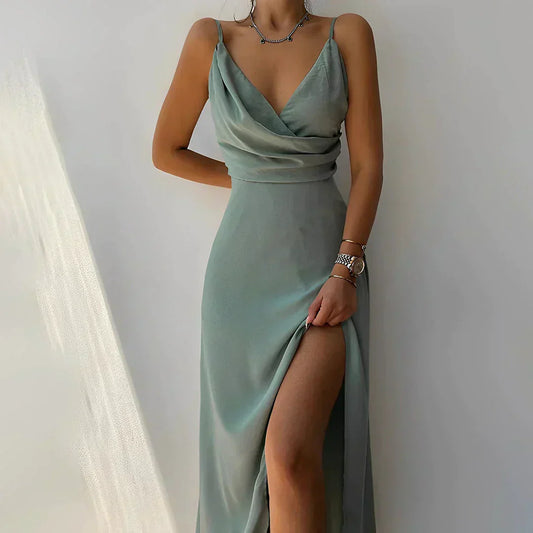 Damen Satin Kleid mit Wasserfall-Ausschnitt, hohem Schlitz und verstellbaren Trägern