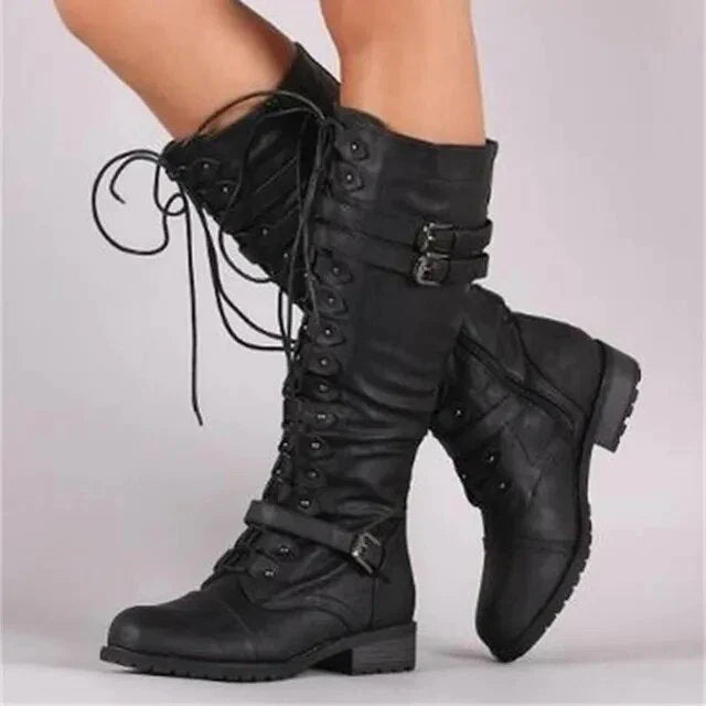 Schwarze Damen-Schnürstiefel mit Schnallen, knöchelhoch, robustes Design, ideal für Herbstmode und Outdoor-Aktivitäten.