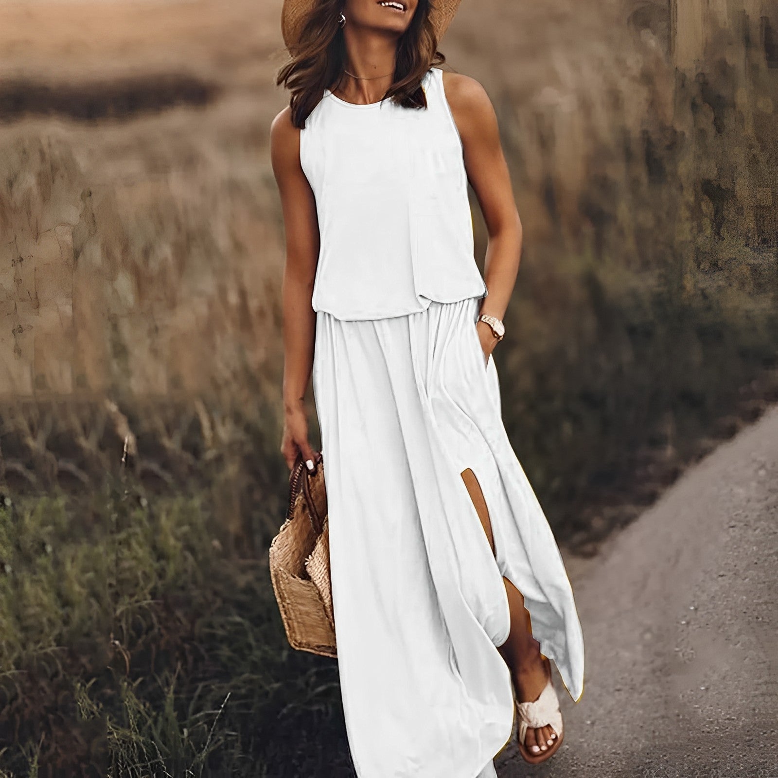 Frau in weißem Sommerkleid mit Strohhut und Korbtasche spaziert auf ländlichem Weg. Elegante Mode, Sommeroutfit, Freizeitkleidung.