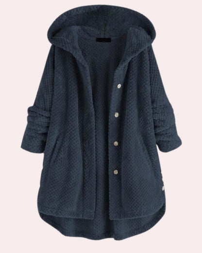 Dunkelgrauer Damen-Fleece-Mantel mit Kapuze, Knopfleiste und langen Ärmeln. Weiches, warmes Material, ideal für Herbst und Winter.