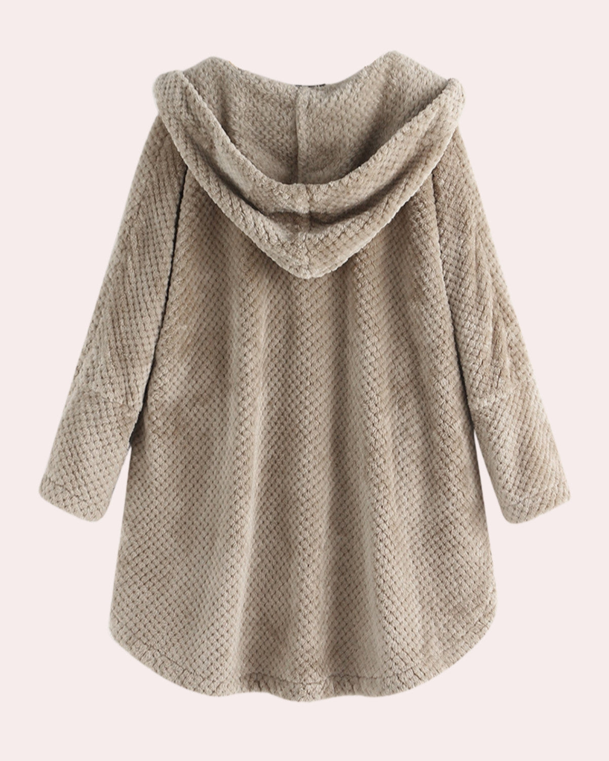 Beige Damen Teddyfelljacke mit Kapuze, weiches Plüschmaterial, lässiger Stil, ideal für Herbst und Winter, modische warme Oberbekleidung.