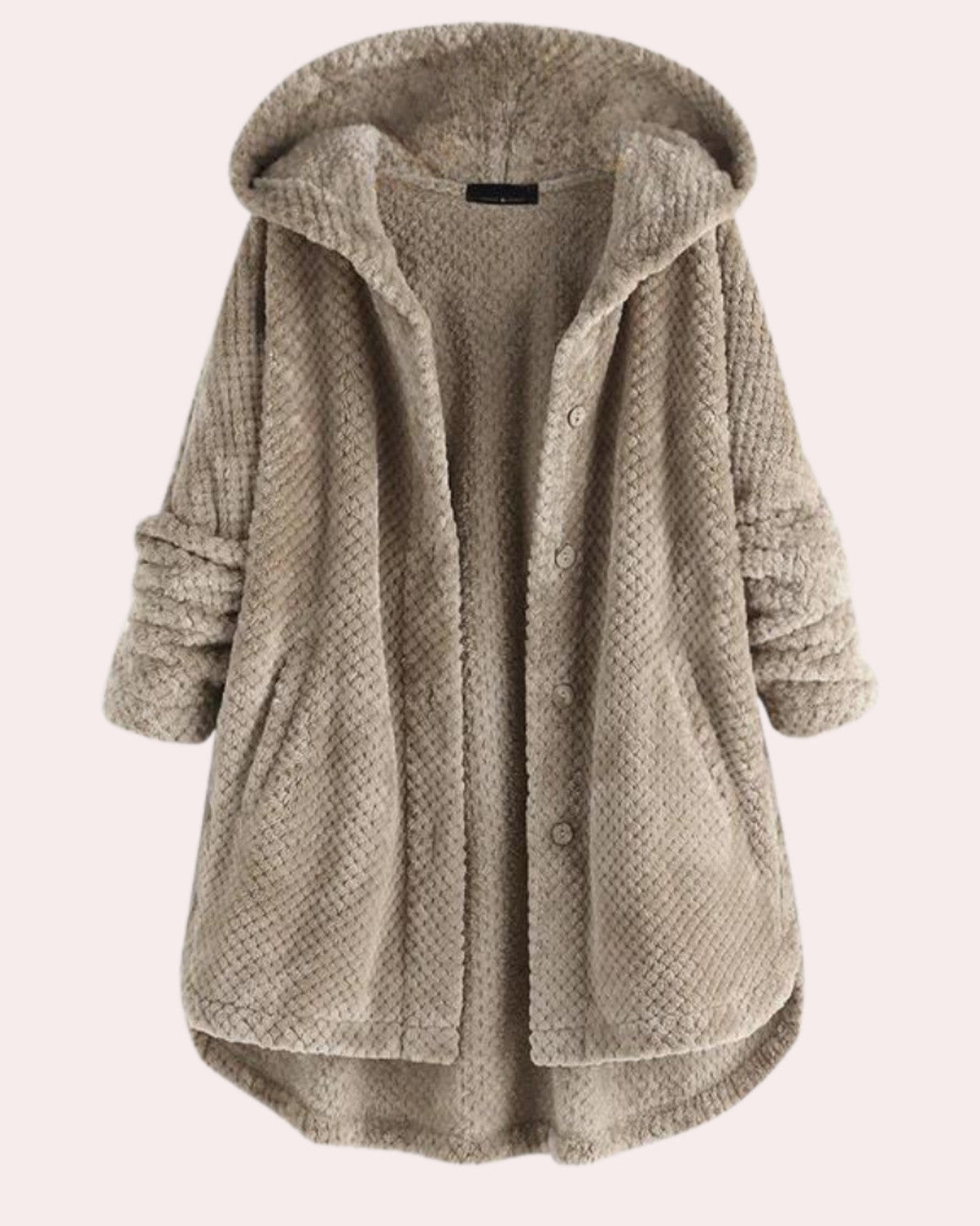 Beige Damen Teddyfelljacke mit Kapuze, Knopfleiste und Taschen, kuschelig und warm, ideal für Herbst und Wintermode.