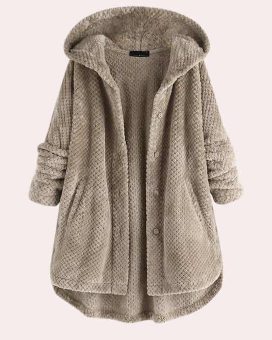 Beige Damen Teddyfelljacke mit Kapuze, Knopfleiste und Taschen, kuschelig und warm, ideal für Herbst und Wintermode.