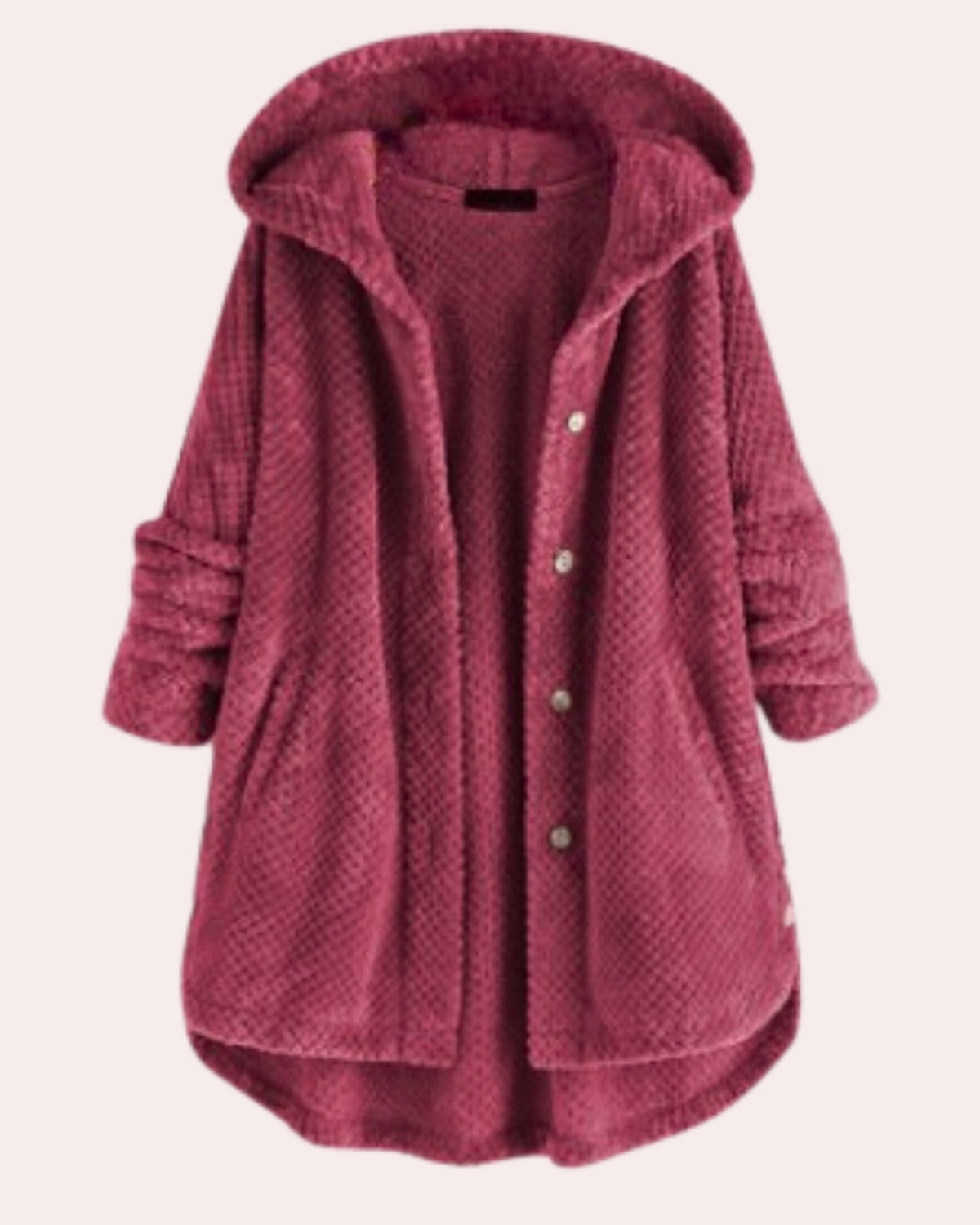 Roter Damen-Fleece-Mantel mit Kapuze, Knopfleiste und Taschen. Weiches, warmes Material, ideal für Herbst und Winter. Modischer, bequemer Stil.