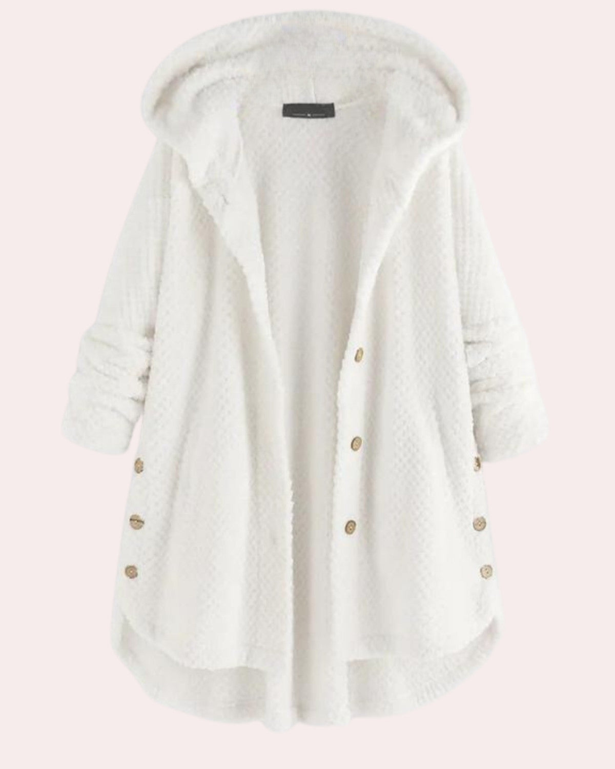 Weiße Damen-Fleecejacke mit Kapuze, Knopfleiste und langen Ärmeln. Weiches, warmes Material, ideal für Herbst und Winter.