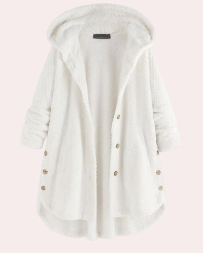 Weiße Damen-Fleecejacke mit Kapuze, Knopfleiste und langen Ärmeln. Weiches, warmes Material, ideal für Herbst und Winter.