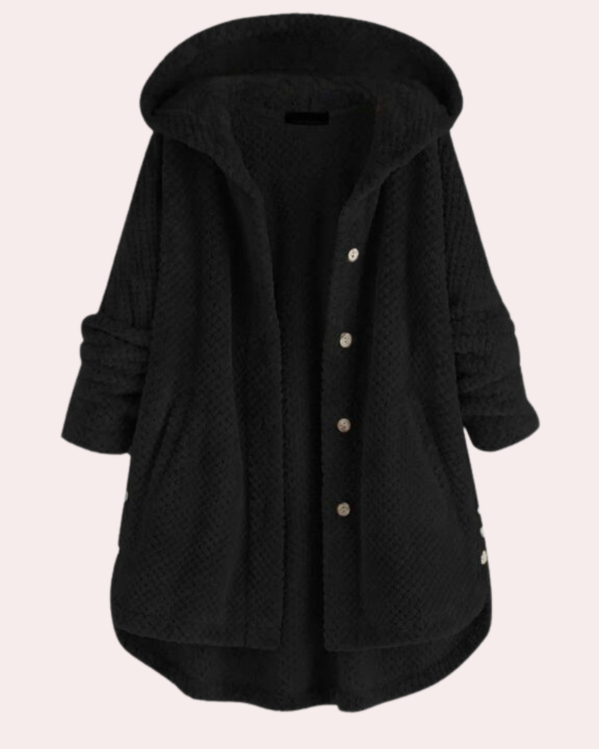 Schwarzer Damen-Fleece-Mantel mit Kapuze, Knopfleiste und langen Ärmeln. Bequeme, warme Jacke für Herbst und Winter. Modischer, lässiger Stil.