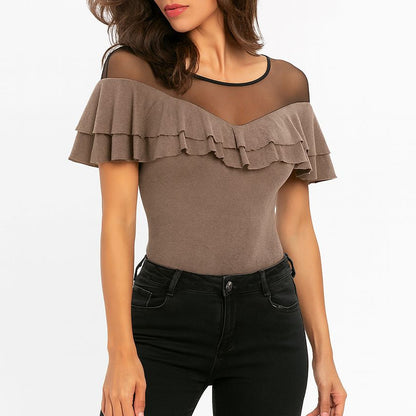 Damen Elegantes Langarm Top Transparenteinsatz Raffungen Figurbetont – Italienisches Design