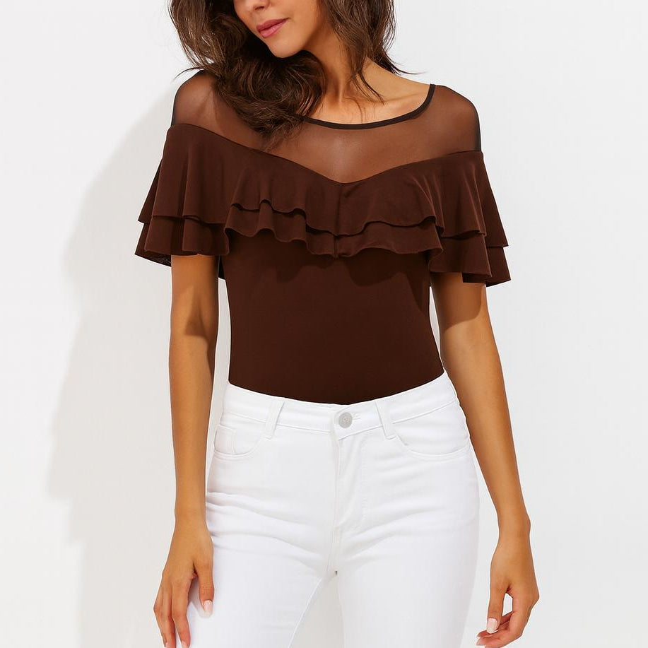 Damen Elegantes Langarm Top Transparenteinsatz Raffungen Figurbetont – Italienisches Design