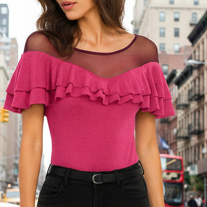 Damen Elegantes Langarm Top Transparenteinsatz Raffungen Figurbetont – Italienisches Design