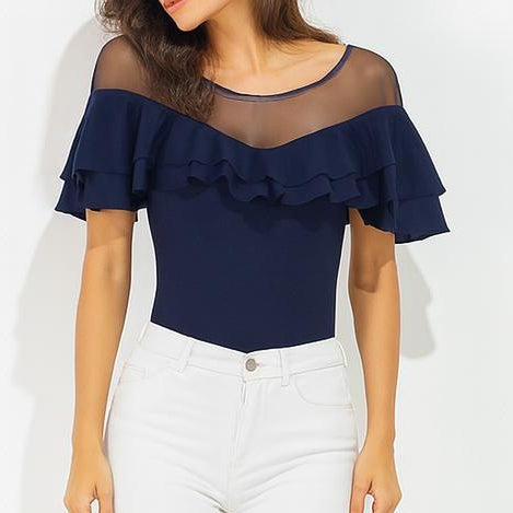 Damen Elegantes Langarm Top Transparenteinsatz Raffungen Figurbetont – Italienisches Design