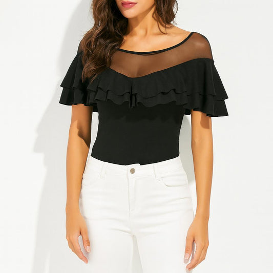 Damen Elegantes Langarm Top Transparenteinsatz Raffungen Figurbetont – Italienisches Design
