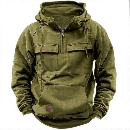 Olivgrüner Hoodie mit Kapuze, Reißverschluss und Kängurutasche. Bequemer Freizeitpullover für Herren, ideal für Outdoor-Aktivitäten und Streetwear.