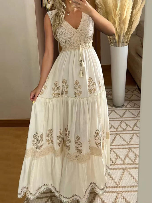 Damen Sommer Maxikleid mit V Ausschnitt und Blumenstickerei