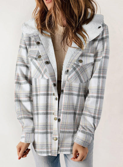 Damen Herbst Jacke Karo Kapuze Langarm Taschen Fleece Futter Style
