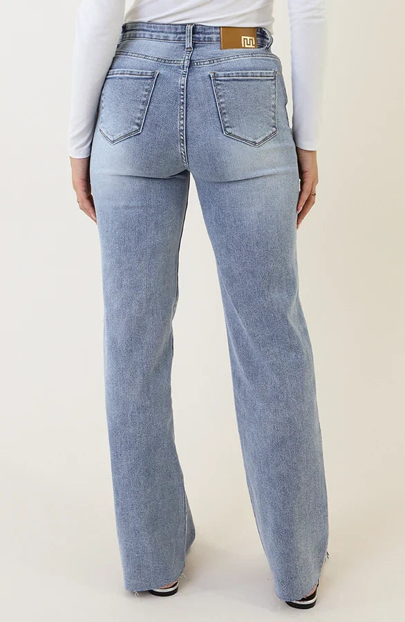 Damen Jeans mit weitem Bein hoch tailliert Stone-Wash mit Stretch
