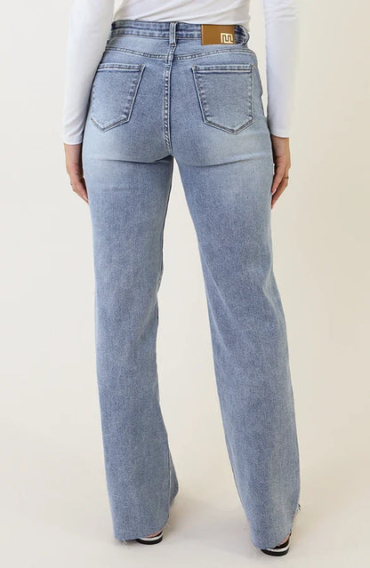 Damen Jeans mit weitem Bein hoch tailliert Stone-Wash mit Stretch