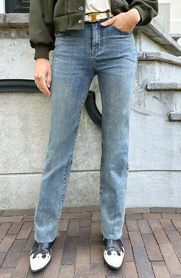 Damen Jeans mit weitem Bein hoch tailliert Stone-Wash mit Stretch