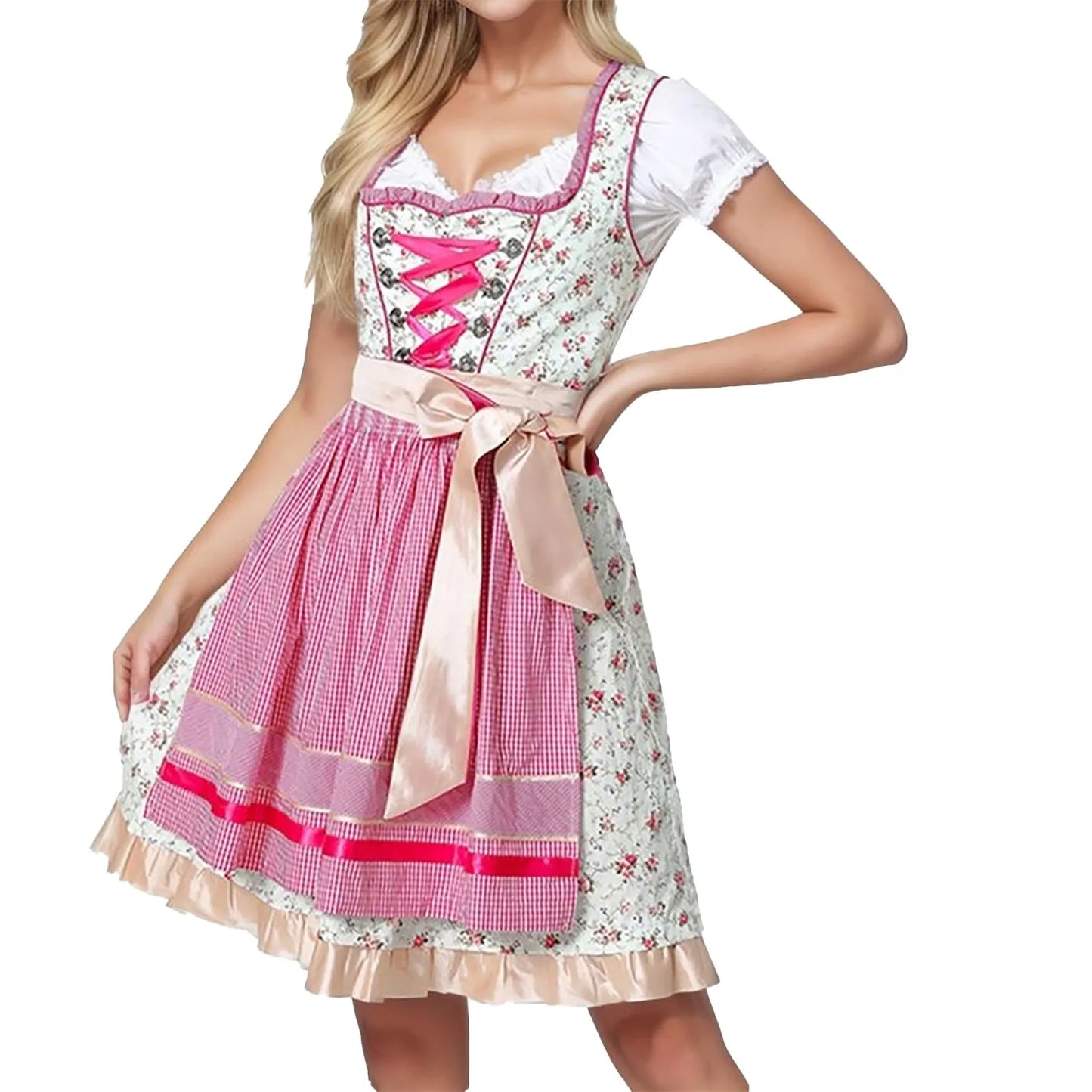 Blonde Frau in traditionellem bayerischen Dirndl mit rosa Schürze und Blumenmuster, Oktoberfest-Kleidung, Trachtenmode, festliche Tracht.