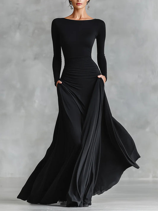 Damen Maxikleid schwarz mit U Boot Ausschnitt und langen Ärmeln