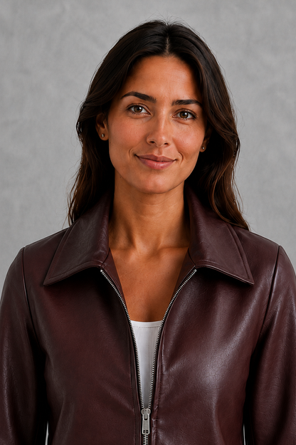 Detailansicht der Verschlüsse und Nähte der Damen-Bikerjacke