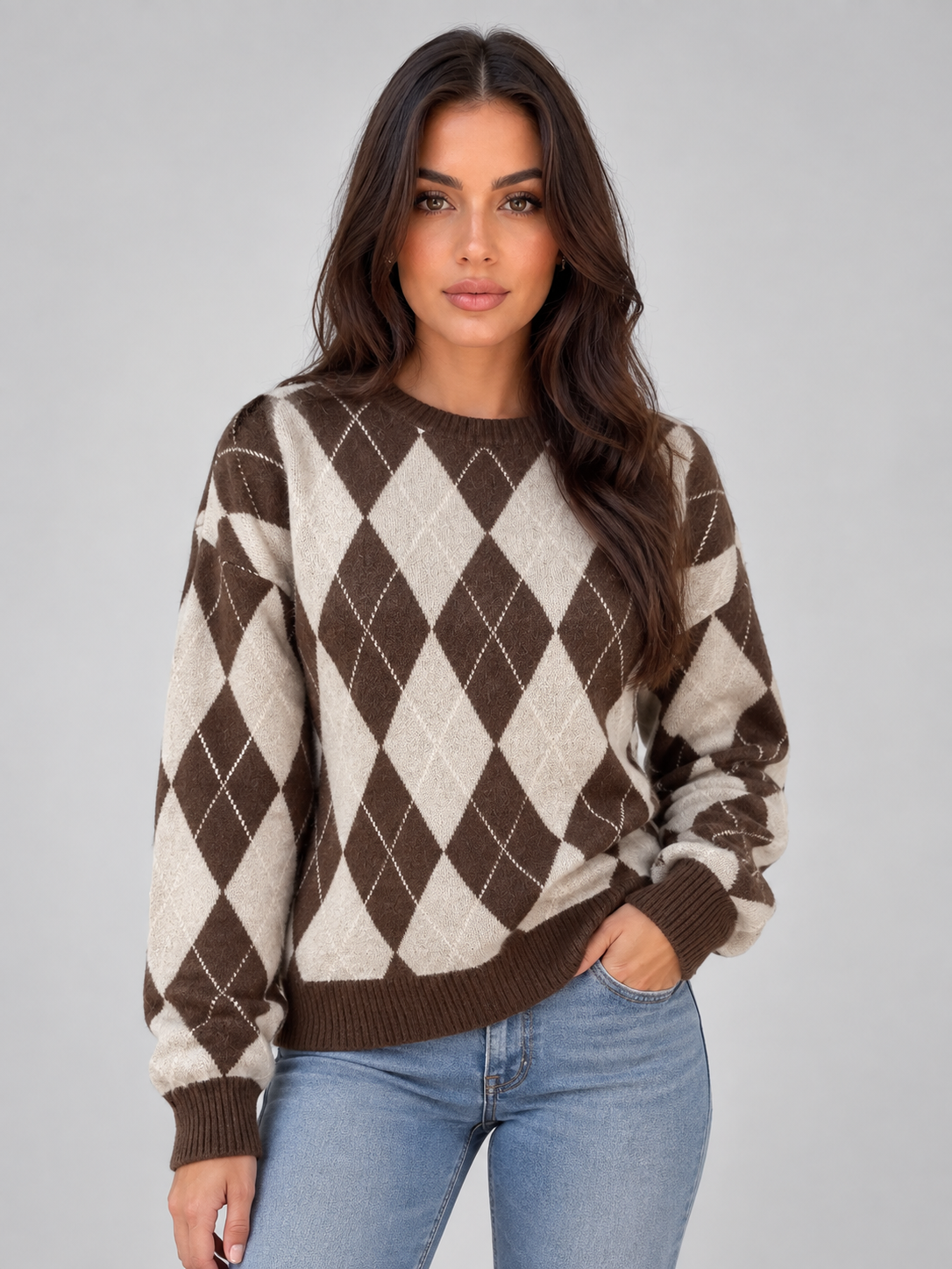 Damen-Strickpullover mit Rautenmuster und klassischem Rundhalsausschnitt